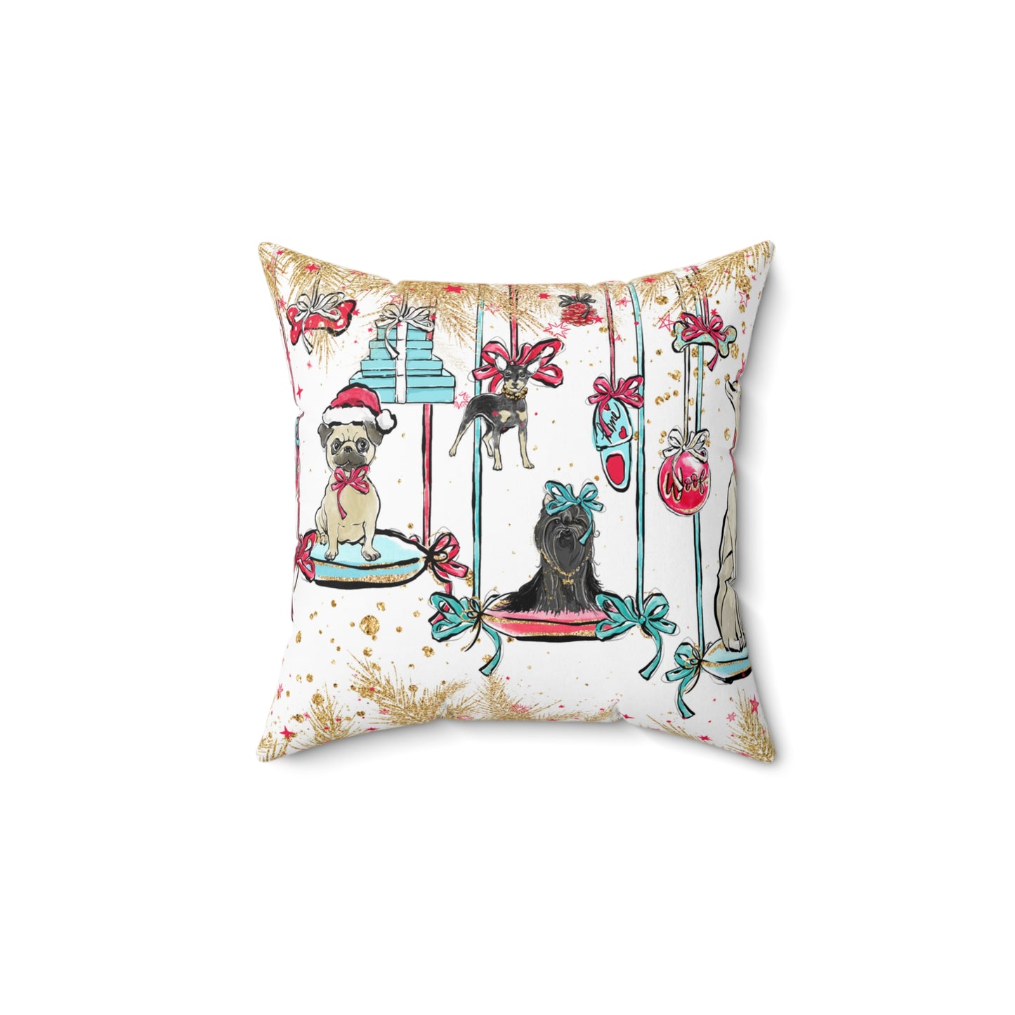 Spun Polyester Square Pillow, Doggie Ornaments Christmas Cushion