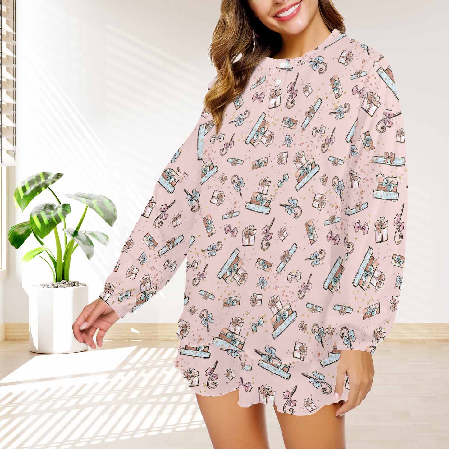 Pink Christmas Presents  Women's Long Sleeve Pajama Set with Shorts