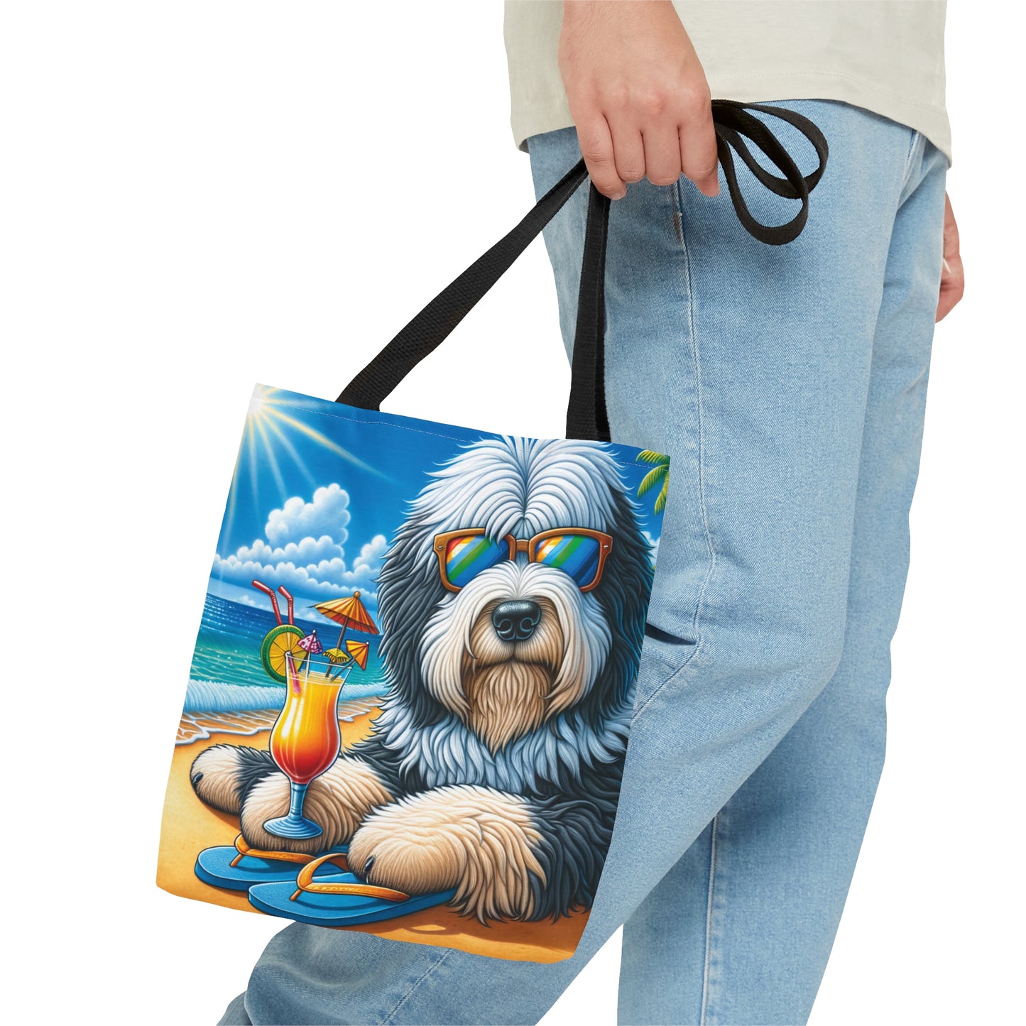 Tote Bag, Dog on Beach, Old English Sheepdog, Tote bag,  awd-1228