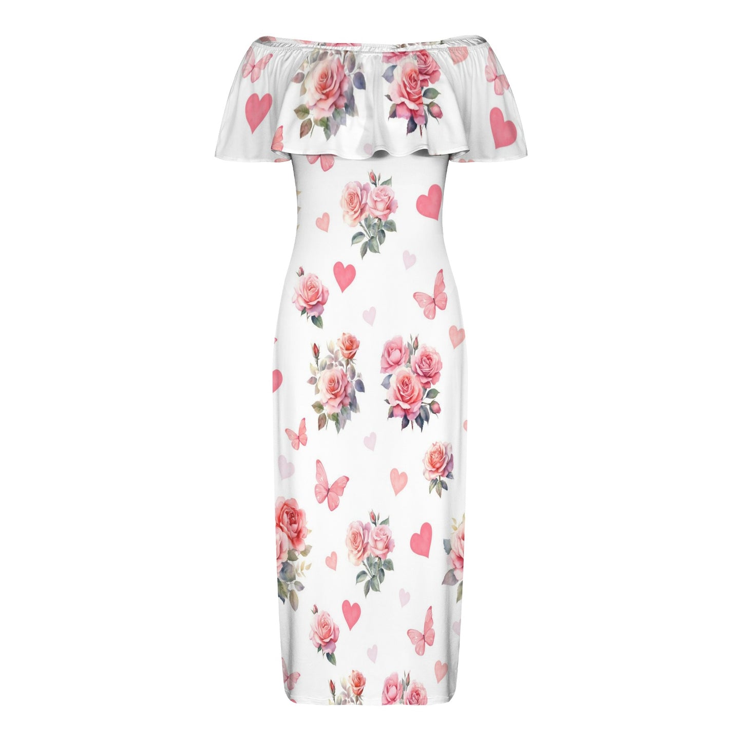 roses Women's Off Shoulder Ruffle Boat Neck Dress (Model D71)