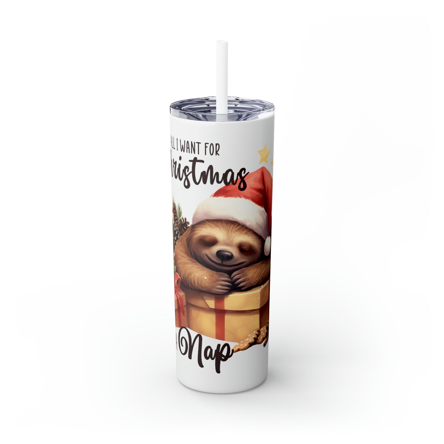 Skinny Tumbler with Straw, 20oz, Christmas, Sloth, awd-813