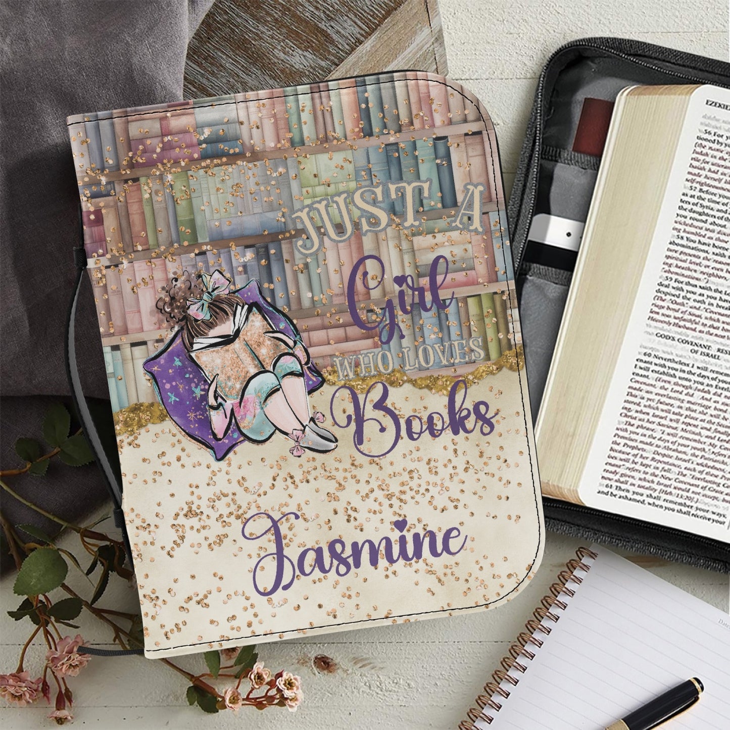 Book Cover/Bible Cover, Just a Girl who Loves Books, Brunette Hair, Personalised