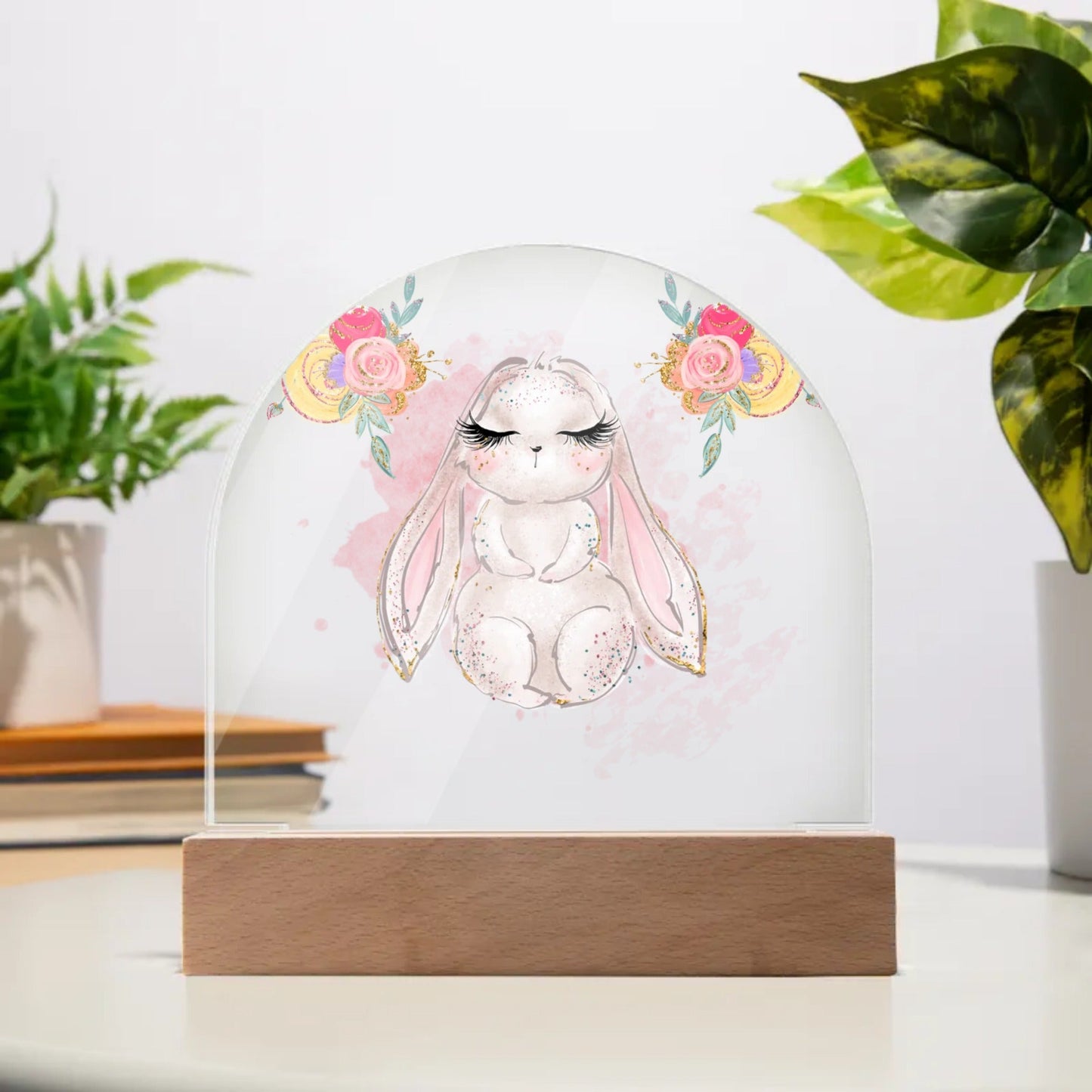 Personalised Rabbit Acrylic Dome Plaque - Wooden Base - Night Light