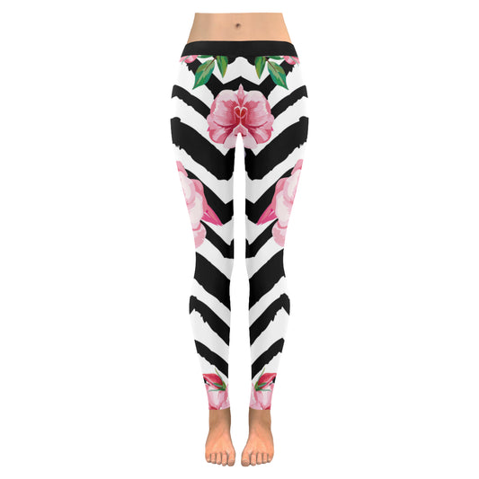 beautiful tropic pink flamingo and rose flowers Women's Low Rise Leggings (Invisible Stitch)