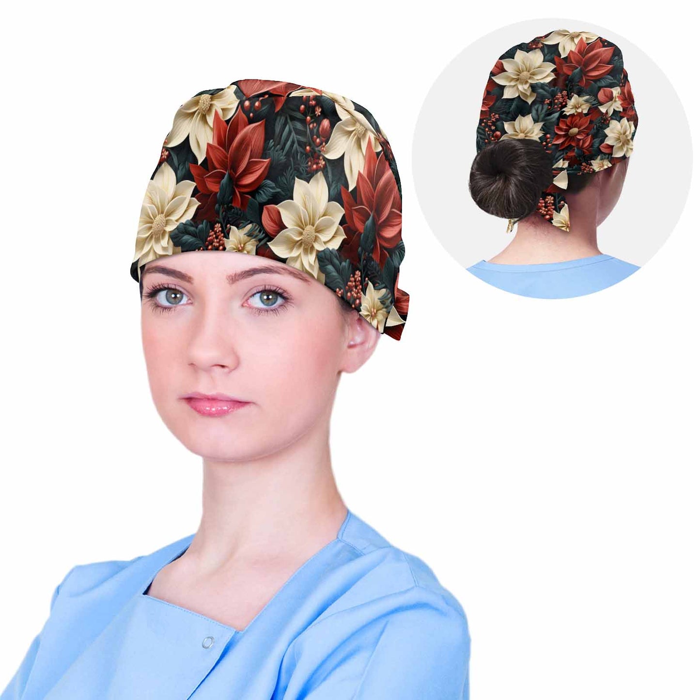 Red and Cream Poinsettia  Scrub Cap