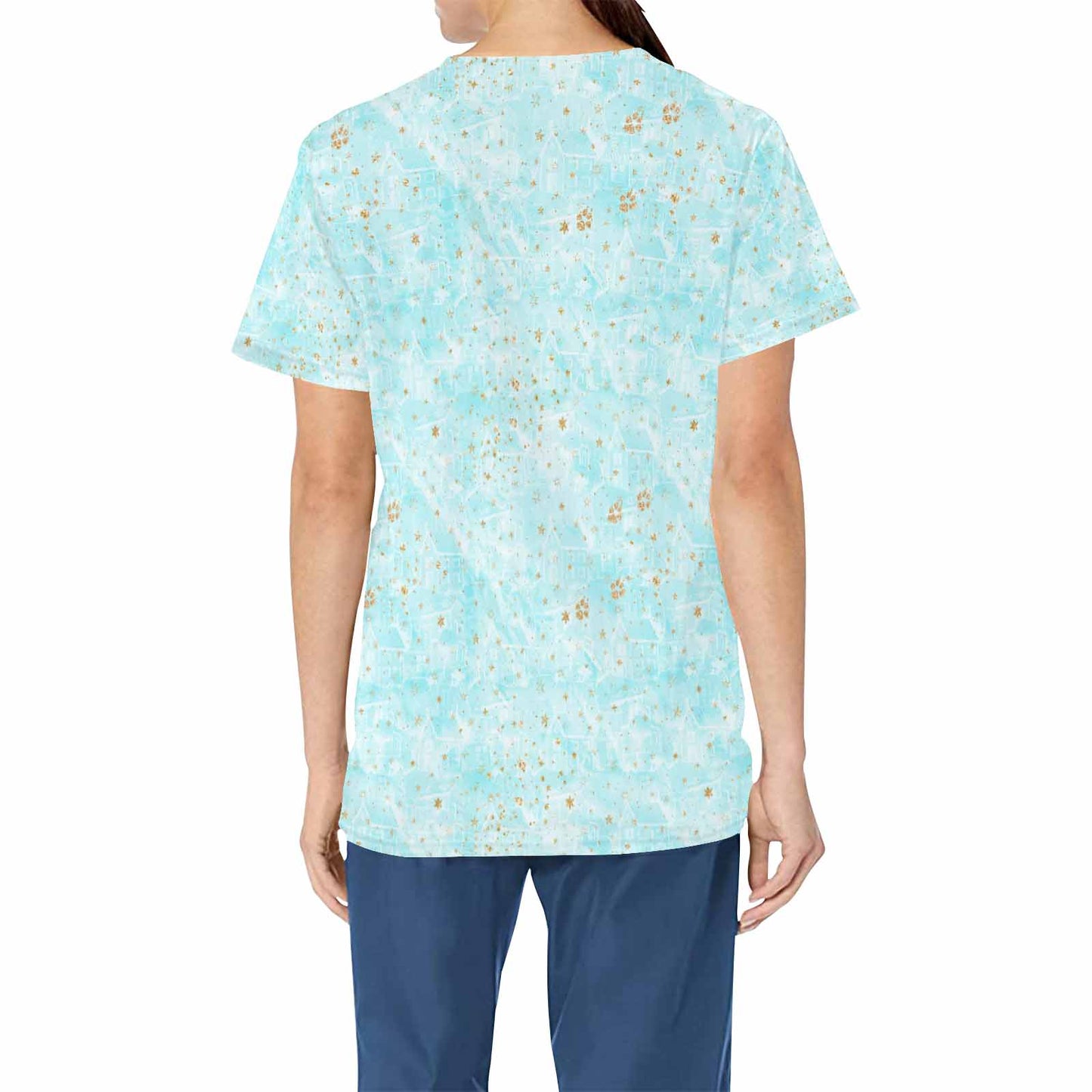 Blue Dog Paws  Women's V Neck Scrub Top Nurse Uniform with Deep Front Pockets