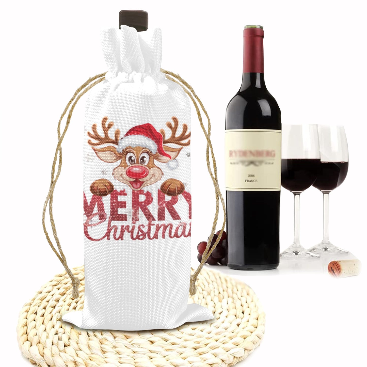 Merry Christmas Reindeer Linen Wine Bottle Bag