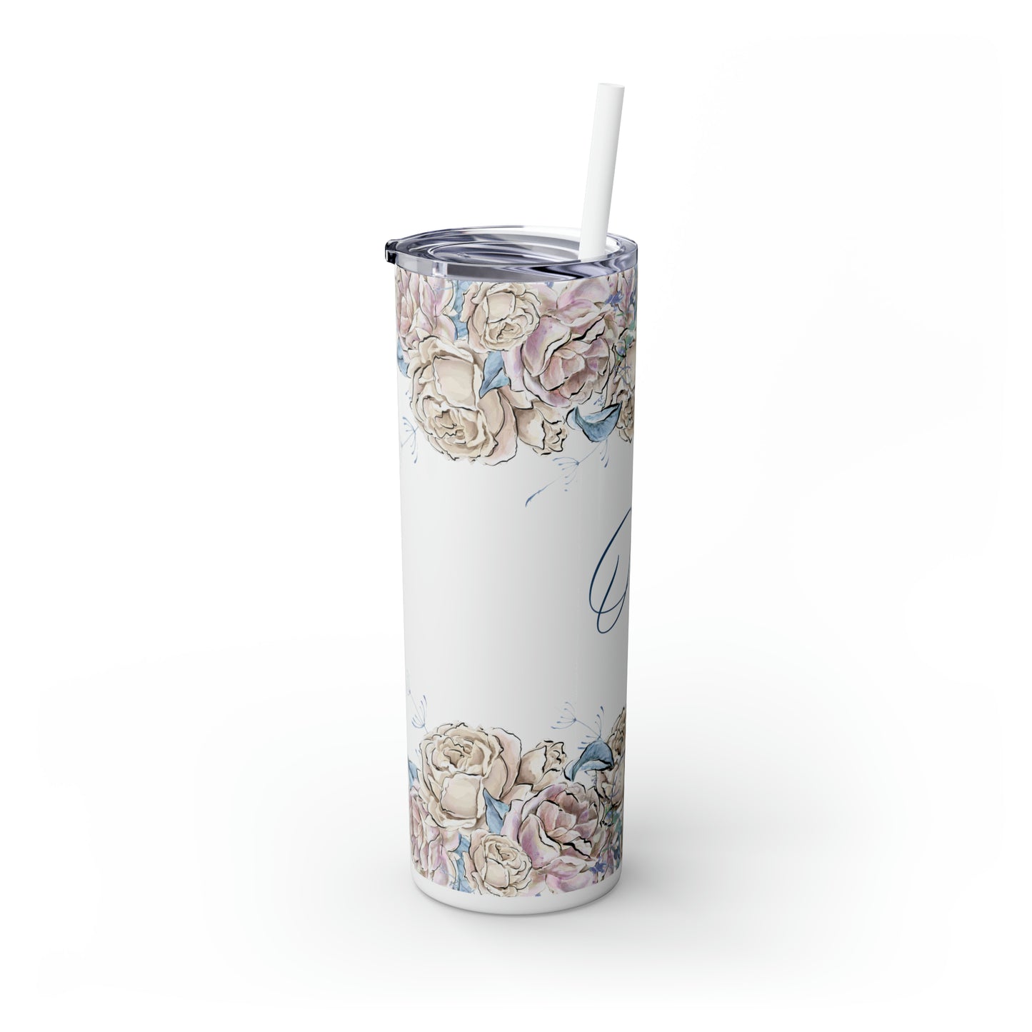 Skinny Tumbler with Straw, 20oz, Personalised, Roses, Western