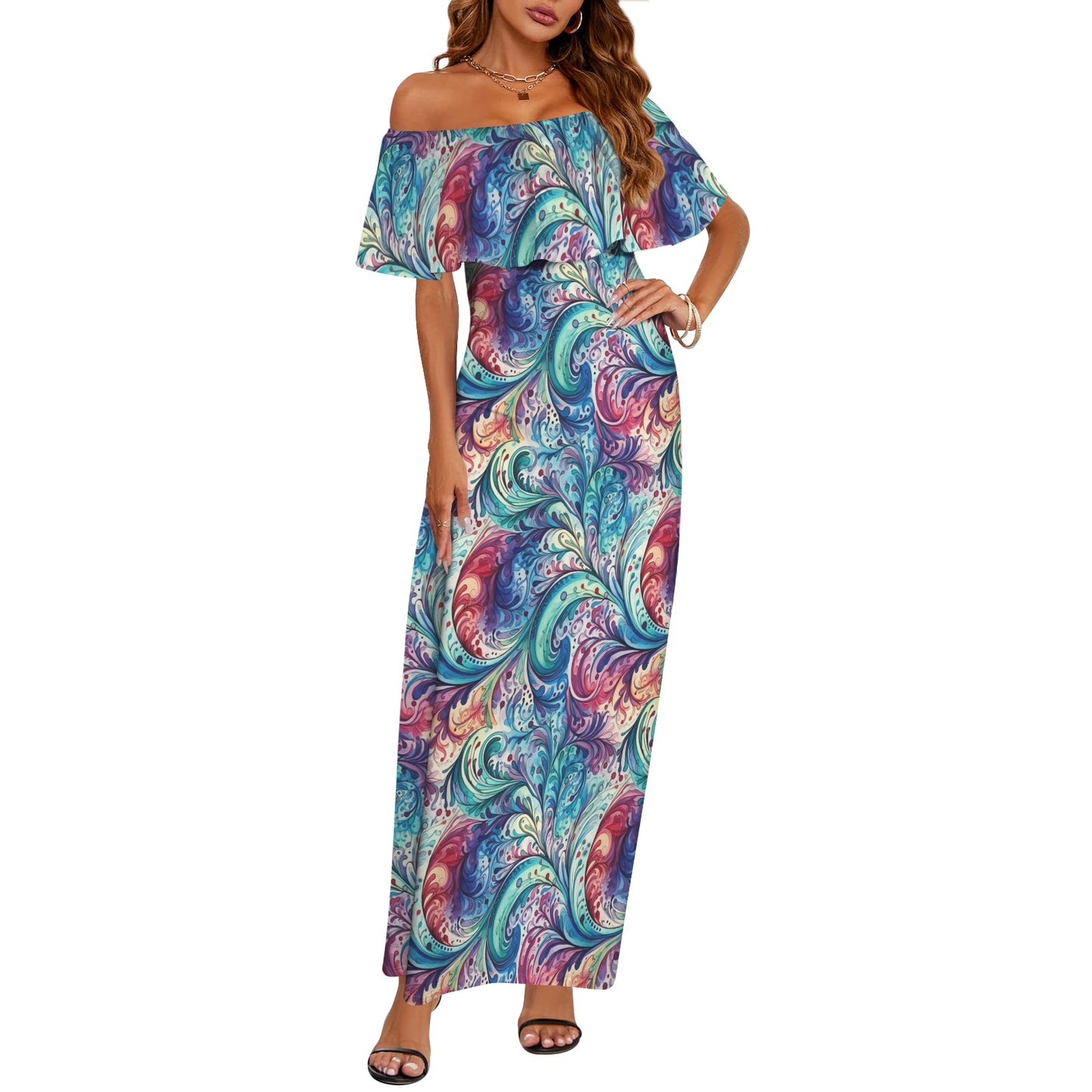 Rainbow Paisley Women's Off Shoulder Ruffle Boat Neck Dress (Model D71)