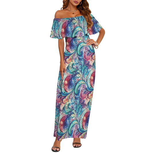 Rainbow Paisley Women's Off Shoulder Ruffle Boat Neck Dress (Model D71)
