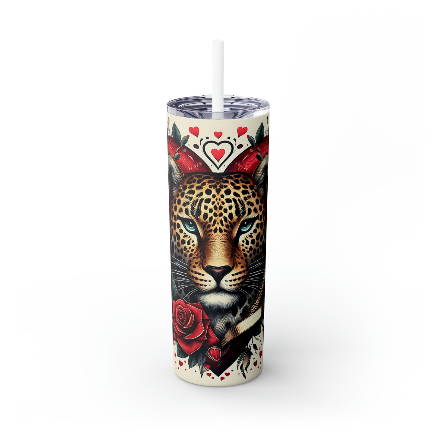 Skinny Tumbler with Straw, 20oz, Heart Leopard, awd-430