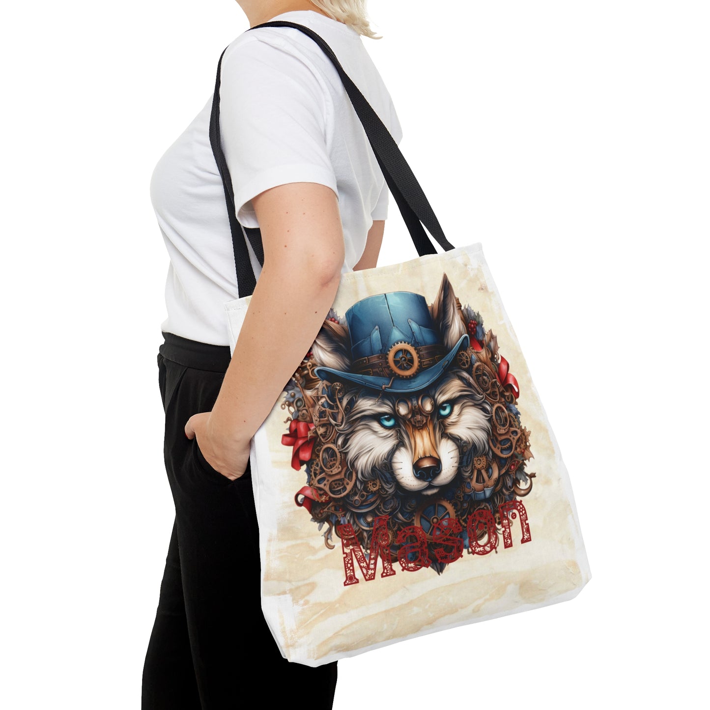 Steampunk Wolf wreath Personalised Tote Bag, Steampunk Christmas bag, Christmas Tote Bag, Personalised/Non-Personalised