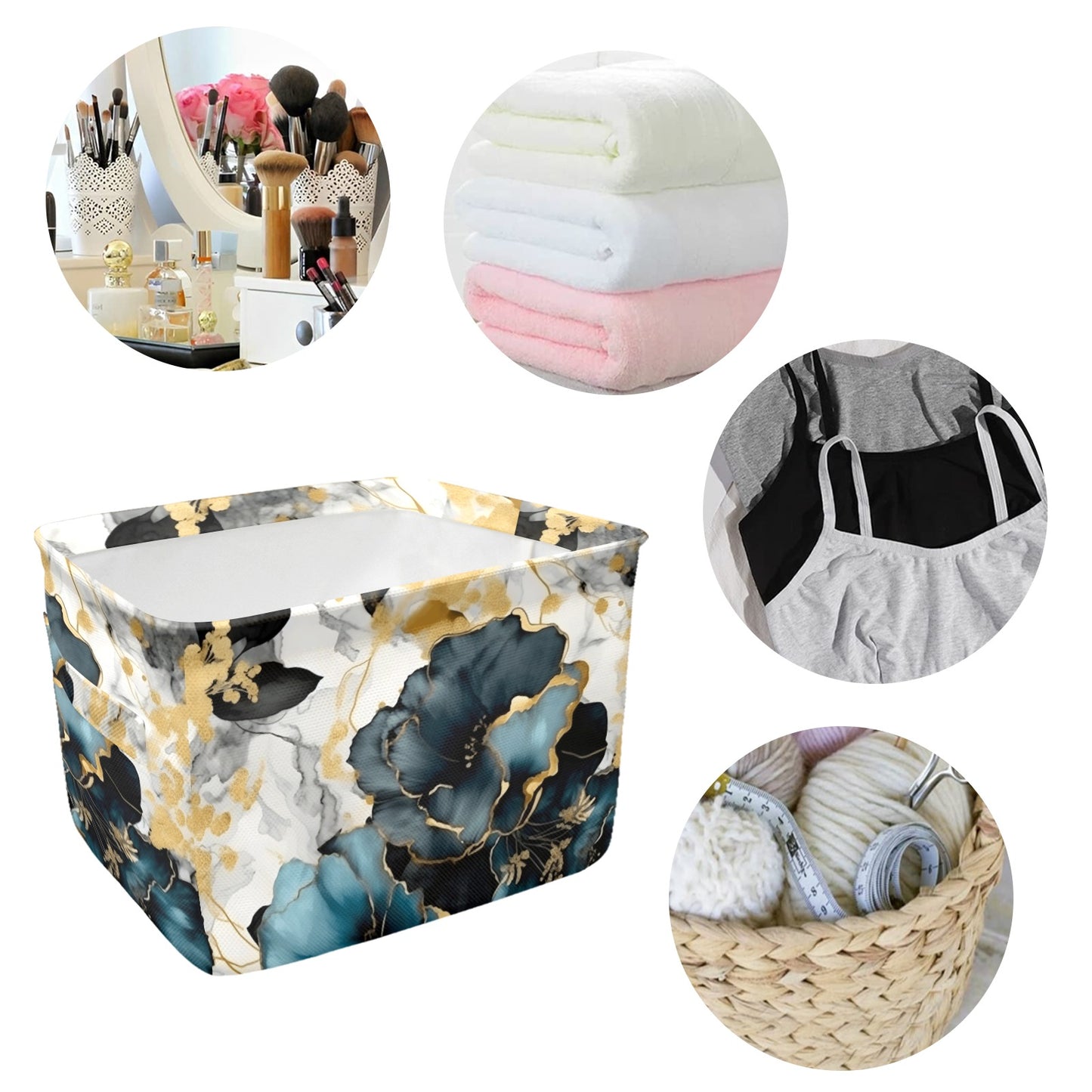 Blue & Gold Ink Floral Fabric Storage Basket