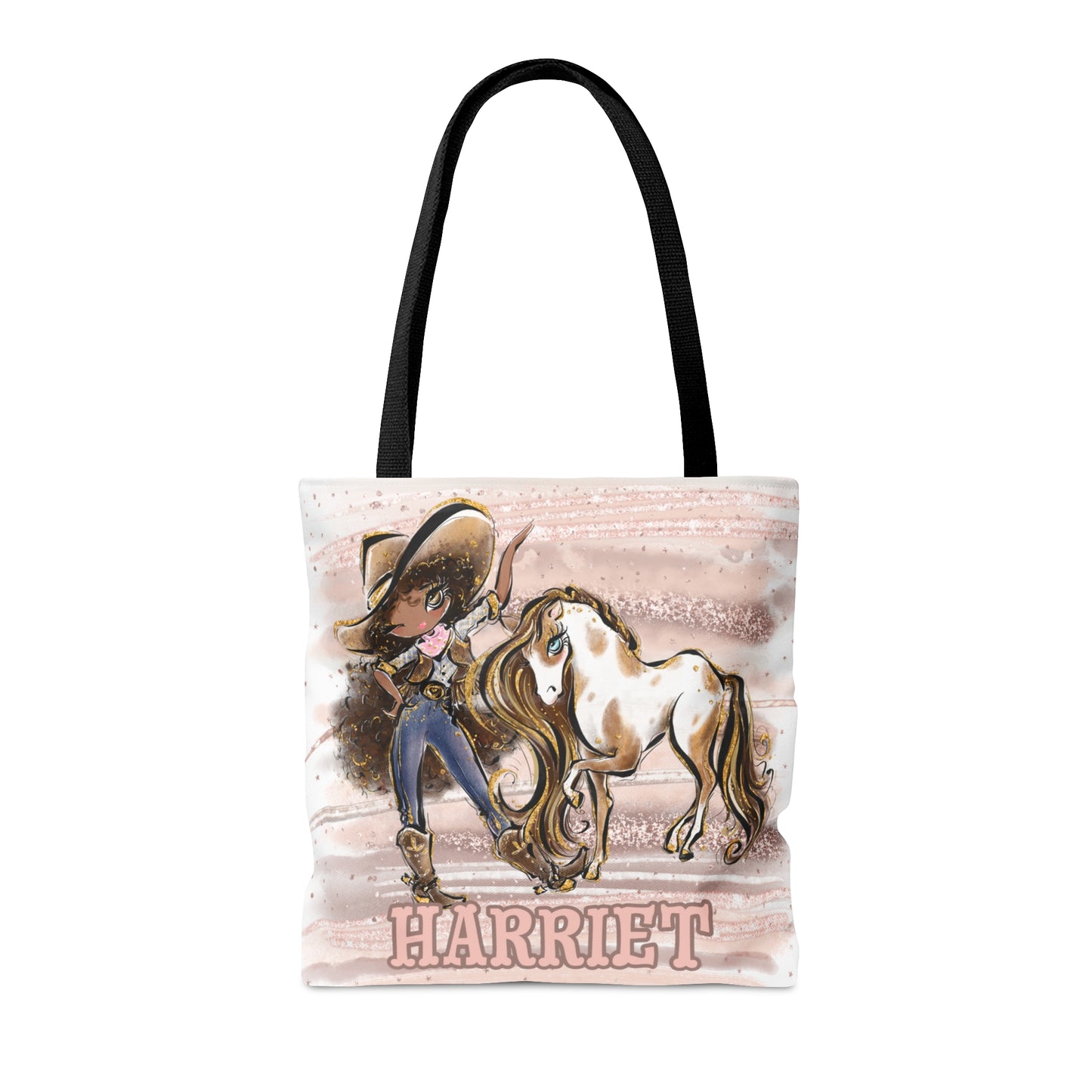 Personalised Tote Bag, Cowgirl & Horse, Brown Curly Hair, Olive Skin, Brown Eyes, Tote bag