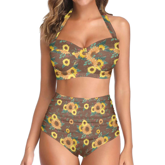 Women's Halter Neck Gather Chest Bikini Swimsuit, Sunflowers Women's Halter Neck Gather Chest Bikini Swimsuit