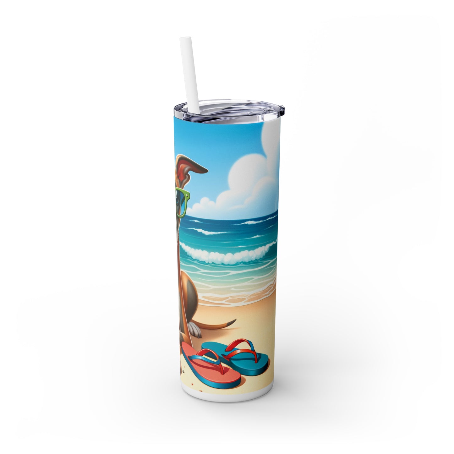 Skinny Tumbler with Straw, 20oz, Dog on Beach, Whippet, awd-1252