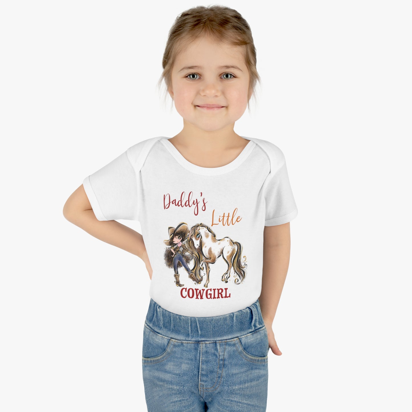 Infant Baby Rib Bodysuit, Daddy's Little Cowgirl baby Bodysuit, Cowboy Boots, Girl and Horse