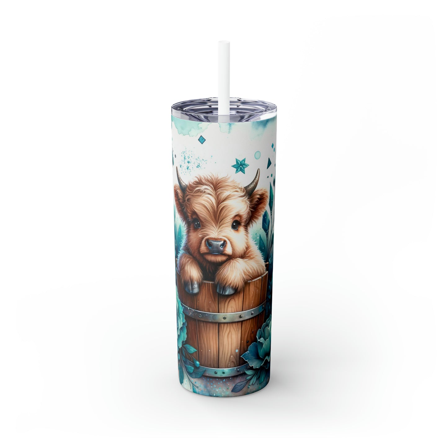 Skinny Tumbler with Straw, 20oz, Baby Highland Cow Sitting in Bucket Blue