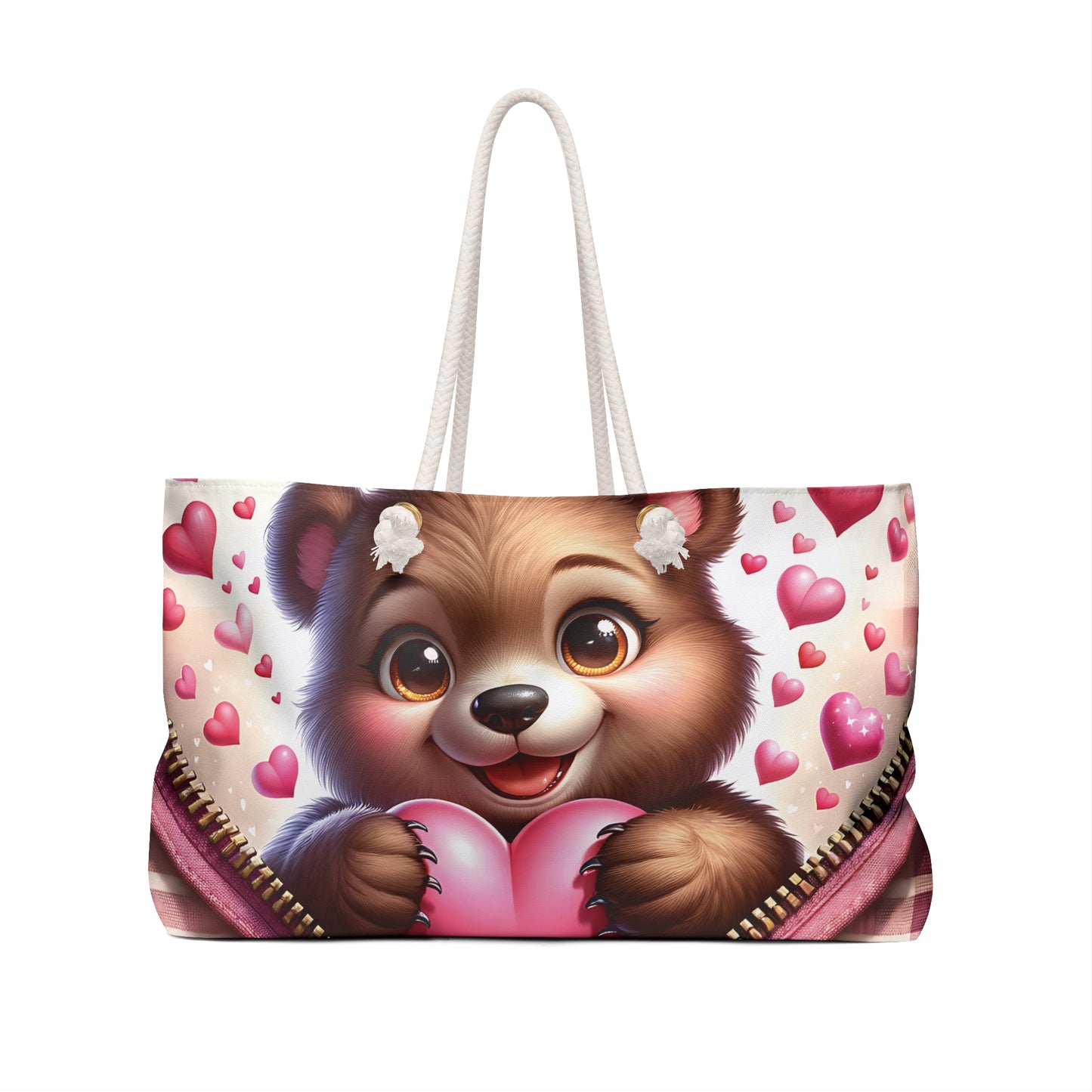 Personalised/Non-Personalised Weekender Bag, Cute Bear, Zipper, Valentines Day, Large Weekender Bag, Beach Bag, Book Bag