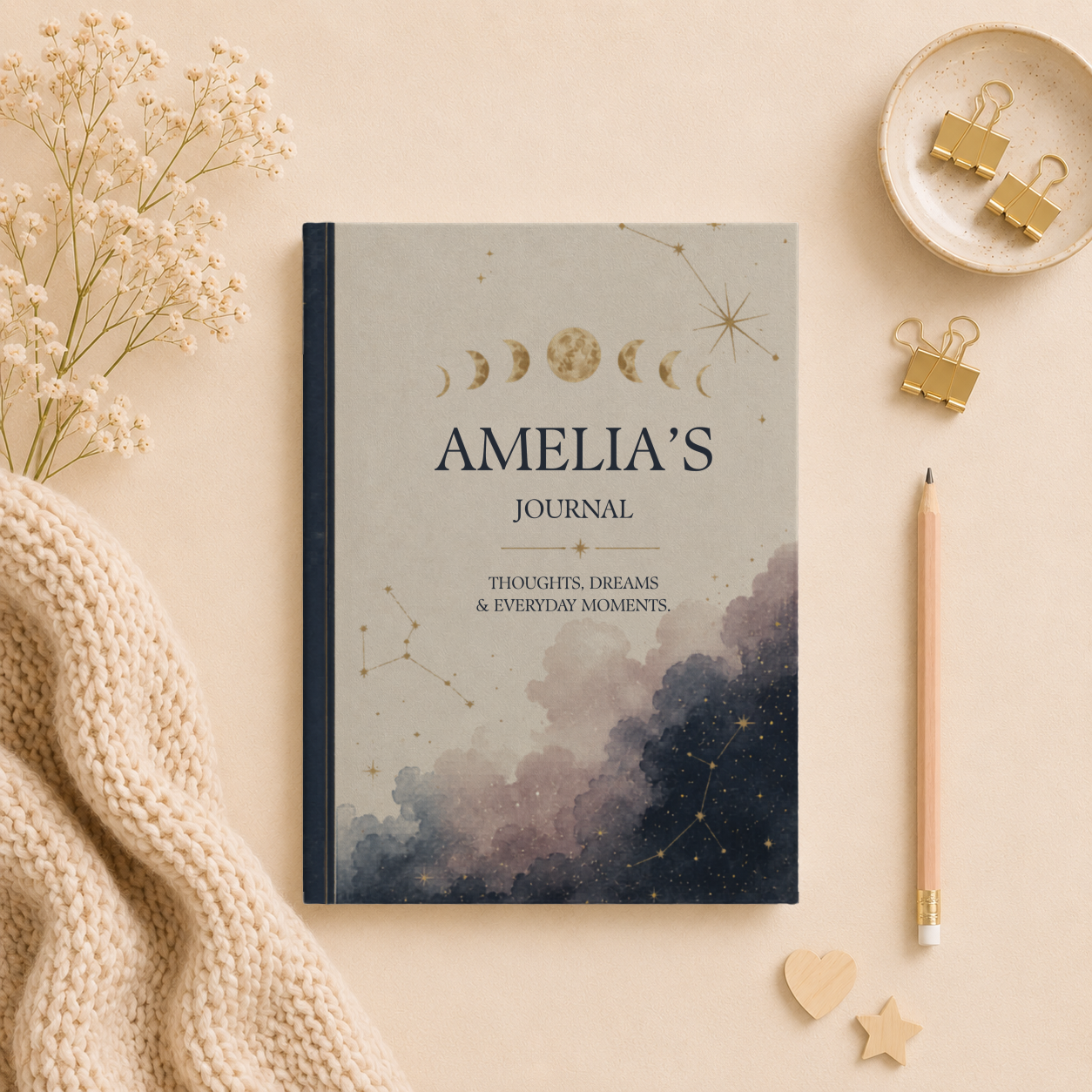 Personalized Hardcover Journal, Moon Phase Notebook, Custom Starry Sky Diary, Unique Astrology Gift, Thoughtful Keepsake, Moon Journal