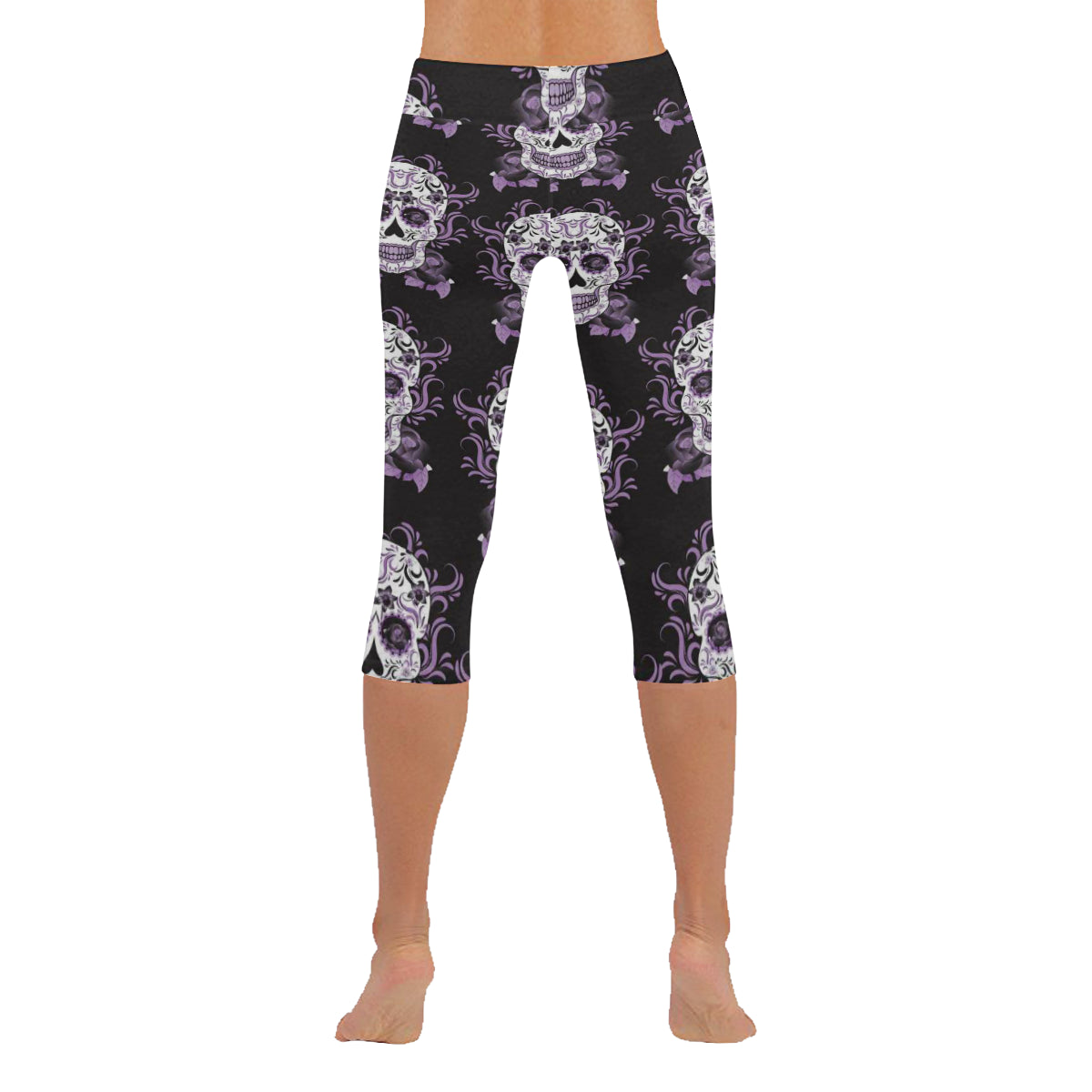 Day of the Dead Mexico Sugar Skull Purple Women's Low Rise Capri Leggings (Invisible Stitch)