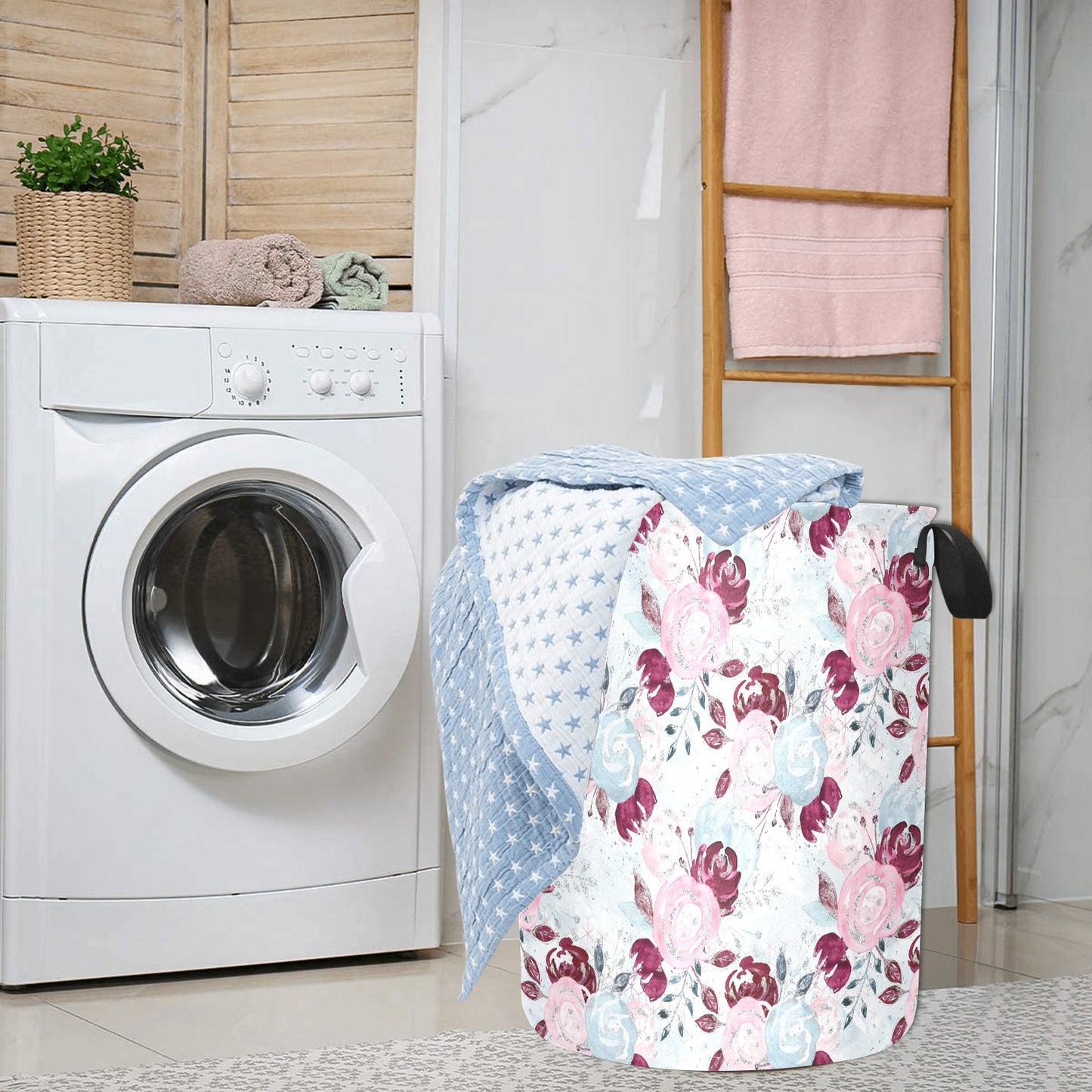 Roses Pink Blue Laundry Basket Laundry Bag (Large)