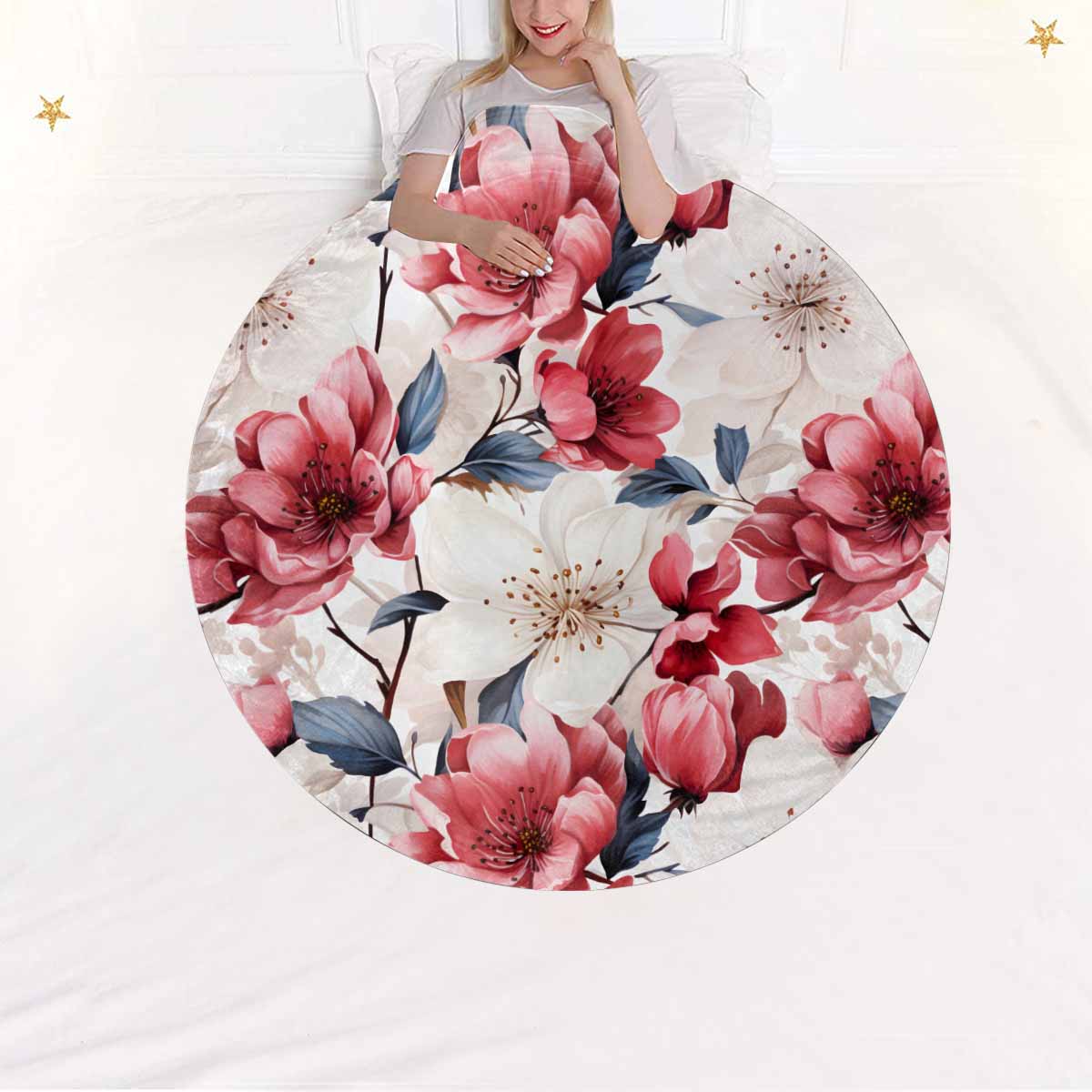 Pink Floral  Circular Micro Fleece Blanket 60"