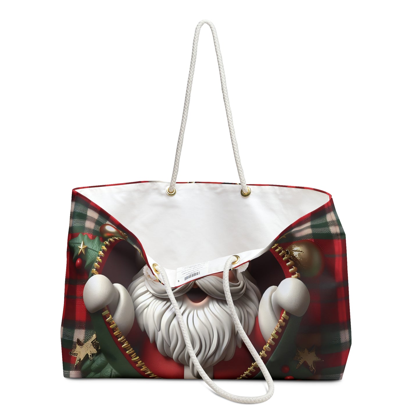 Personalised/Non-Personalised Weekender Bag, Cute Santa, Christmas, Tartan, Large Weekender Bag, Beach Bag, Book Bag