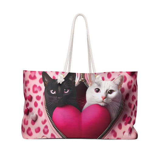 Personalised/Non-Personalised Weekender Bag, Cute Cat, Zipper, Valentines Day, Large Weekender Bag, Beach Bag, Book Bag