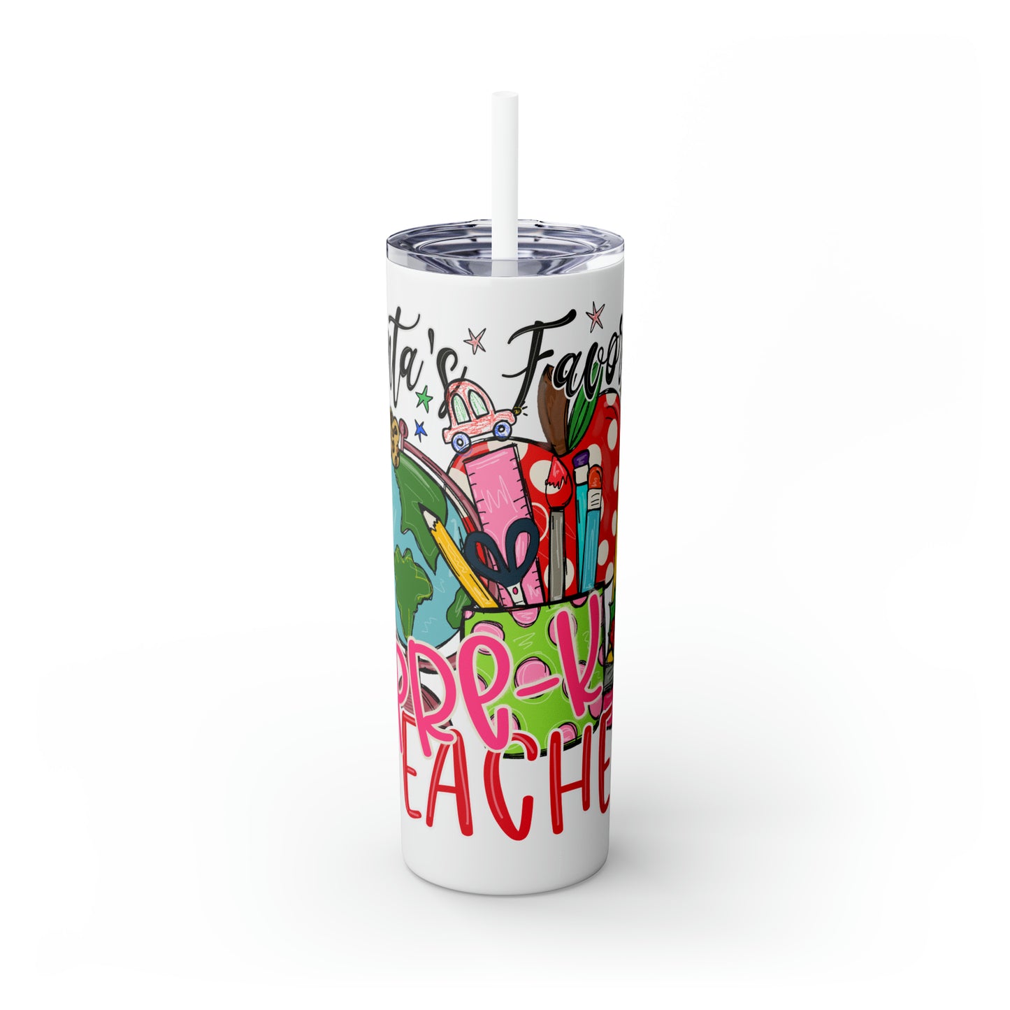 Skinny Tumbler with Straw, 20oz,  Santa's Favorite Pre-K Teacher