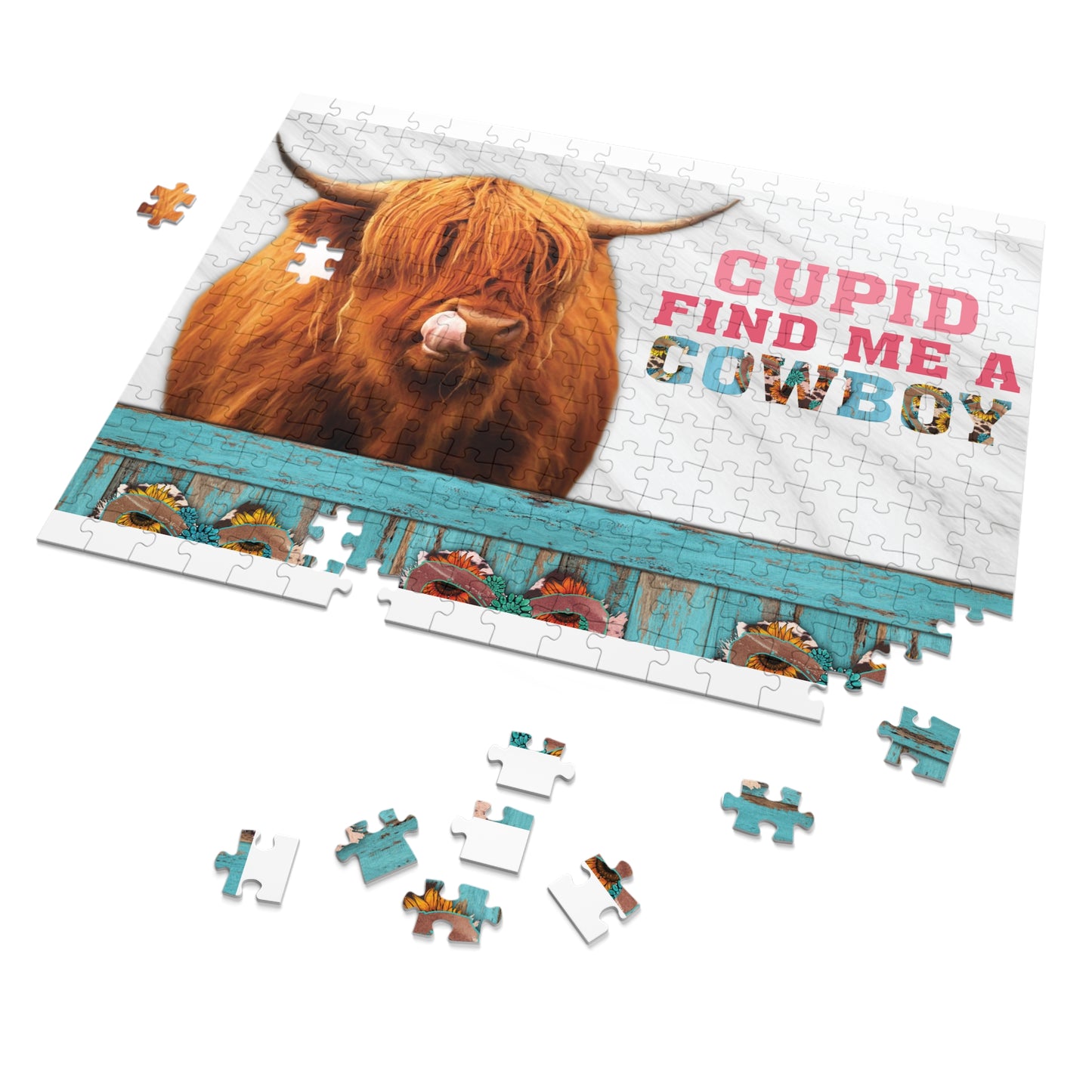 Jigsaw Puzzle, Highland Cow, Cupid find me a Cowboy, Personalised/Non-Personalised (30, 110, 252, 500,1000-Piece)