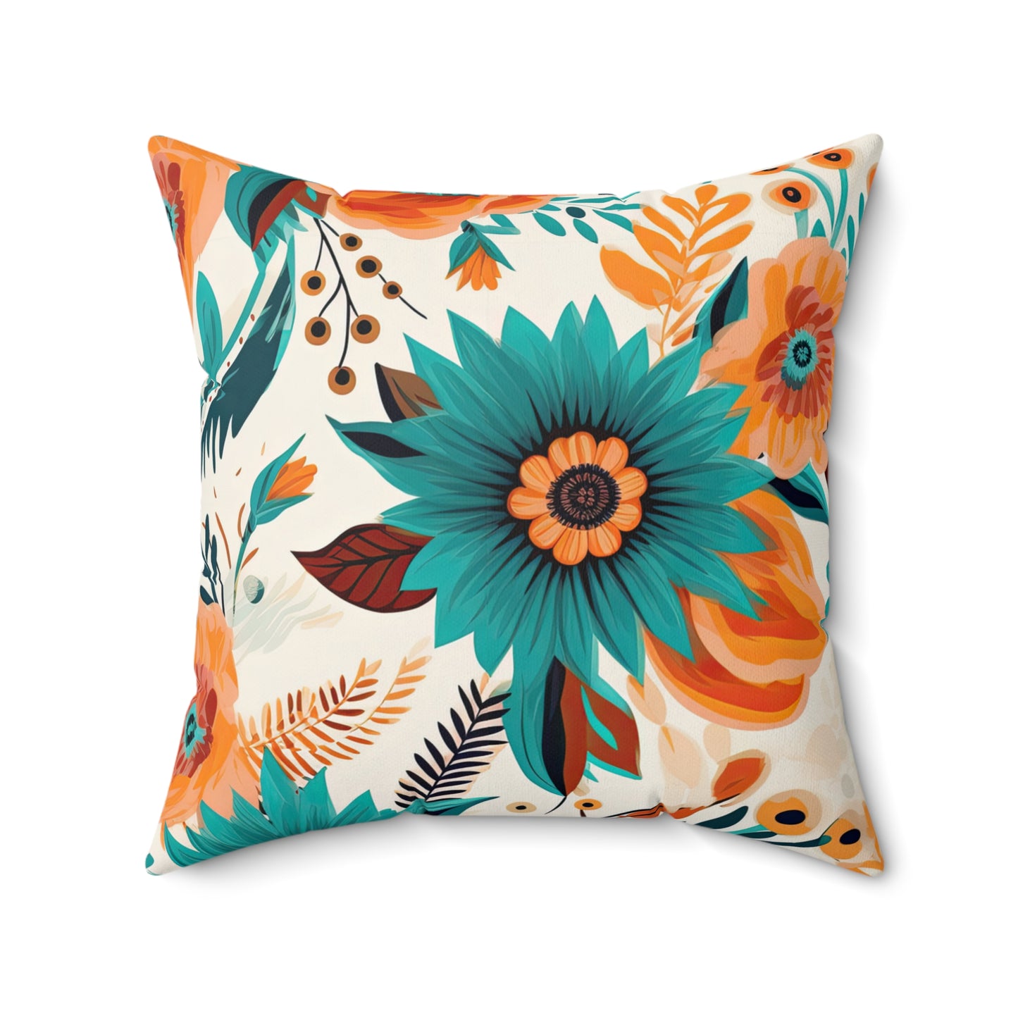 Spun Polyester Square Pillow, Retro Boho Floral Cushion