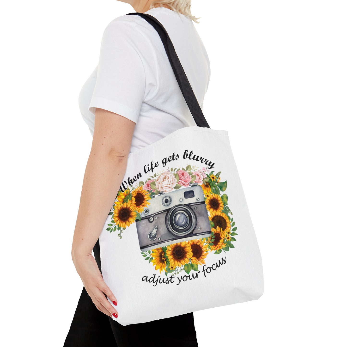 Personalised/Non-Personalised Tote Bag, Sunflower, Camera, When Life gets Blurry adjust your Focus, Tote bag