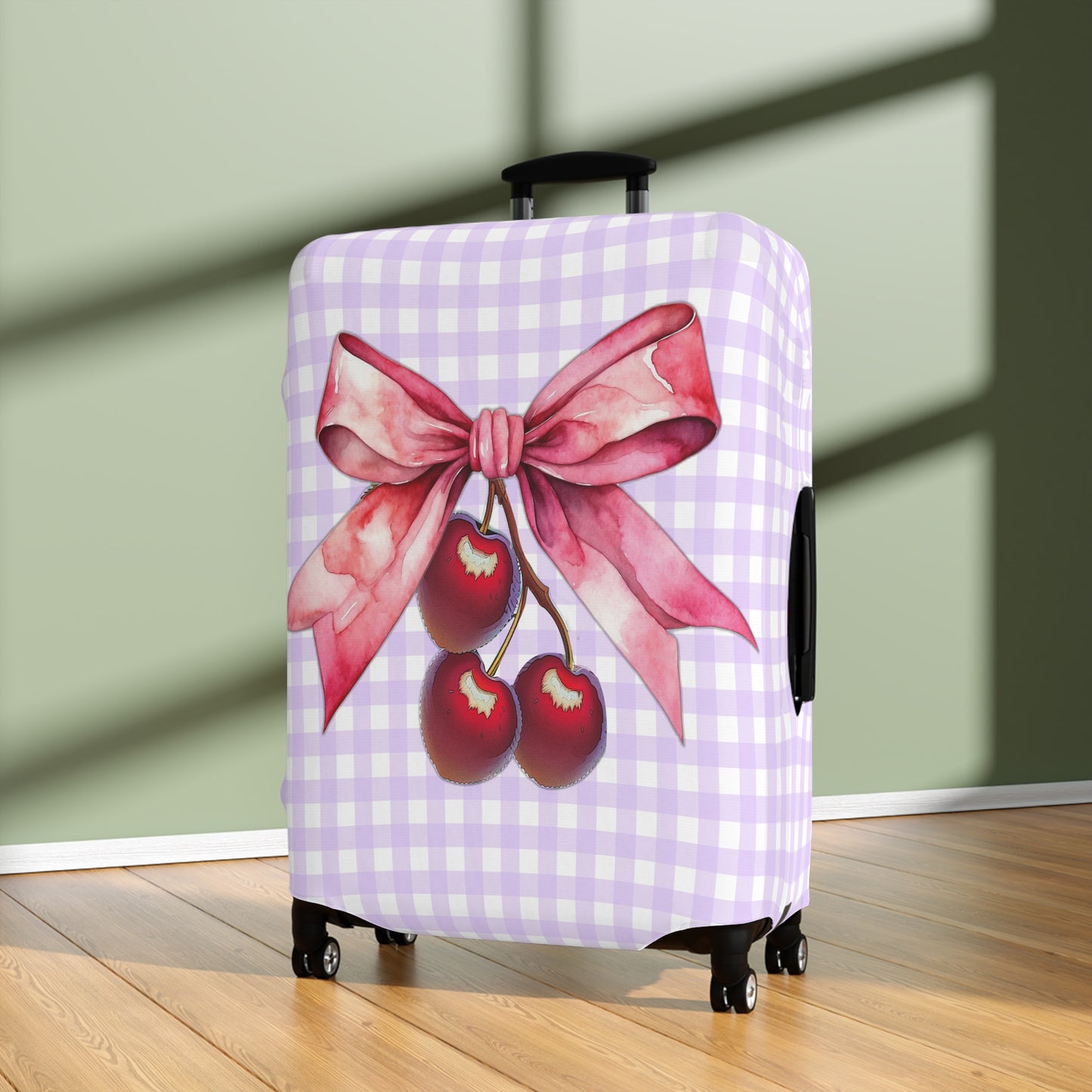 Luggage Cover, Rockabilly, Coquette, Pastel Purple Gingham, Cherries and Ribbon, awd-2512