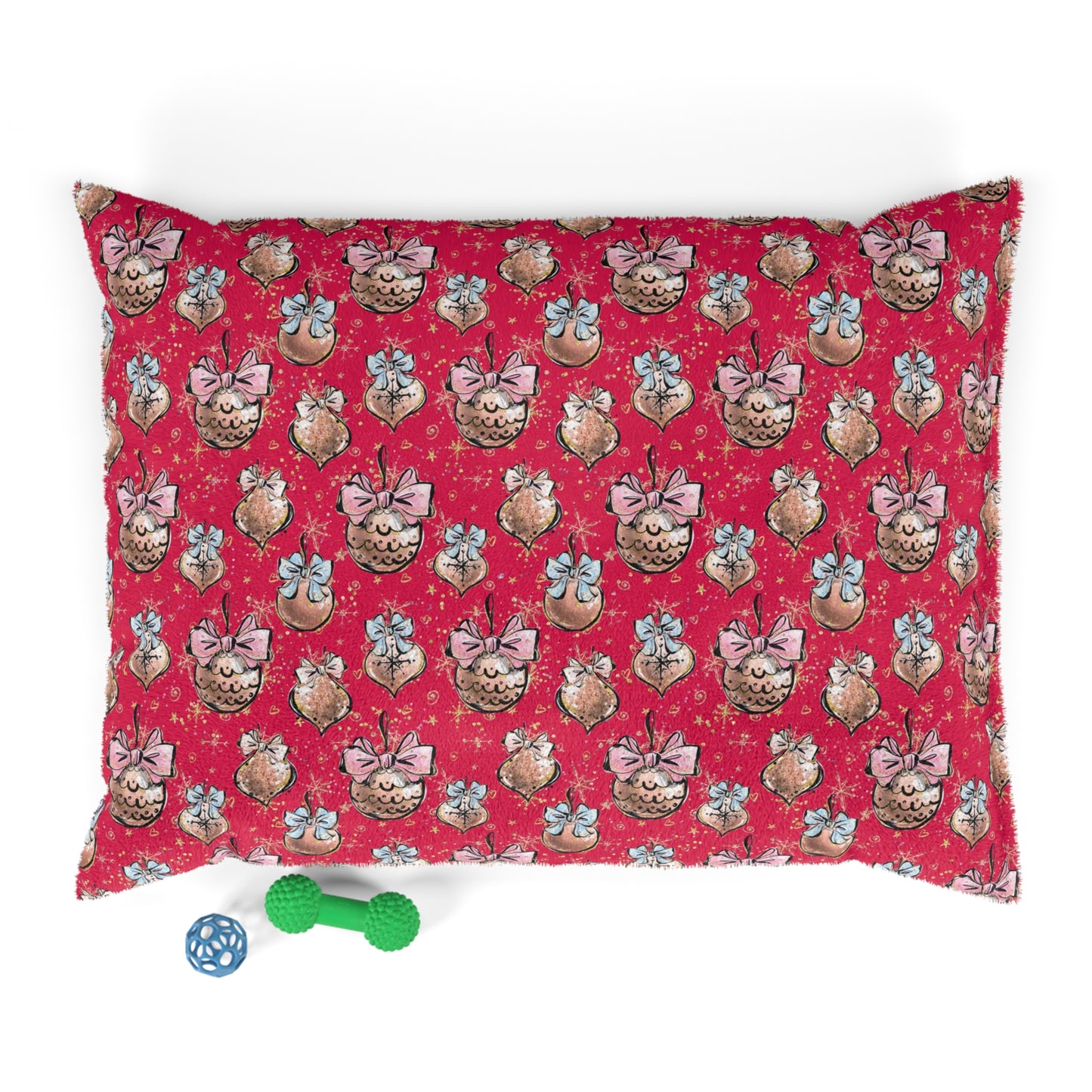 Luxury Pet Bed, feather soft fleece, Red Christmas Balls