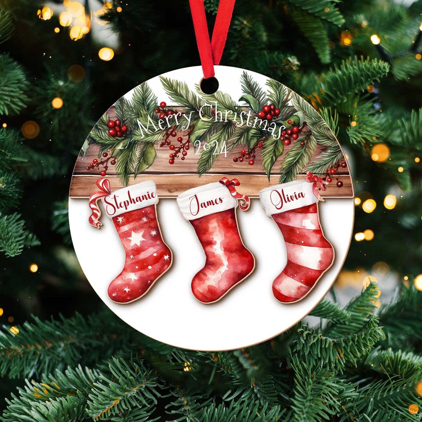 Layered Wooden Personalised Stocking Christmas Ornament