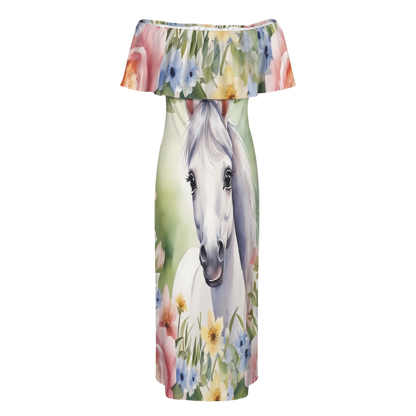 Horse awd303 Women's Off Shoulder Ruffle Boat Neck Dress (Model D71)