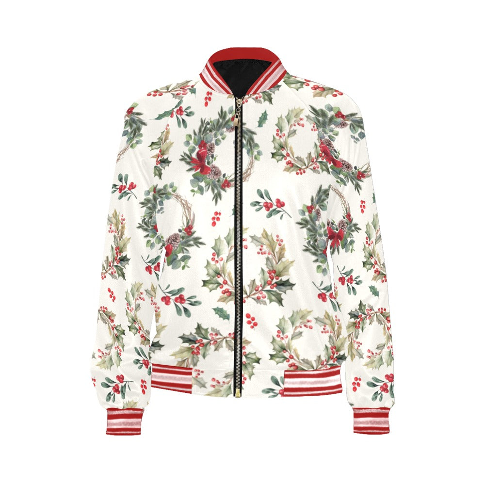 Christmas Wreath Pattern Bomber Jacket for Women