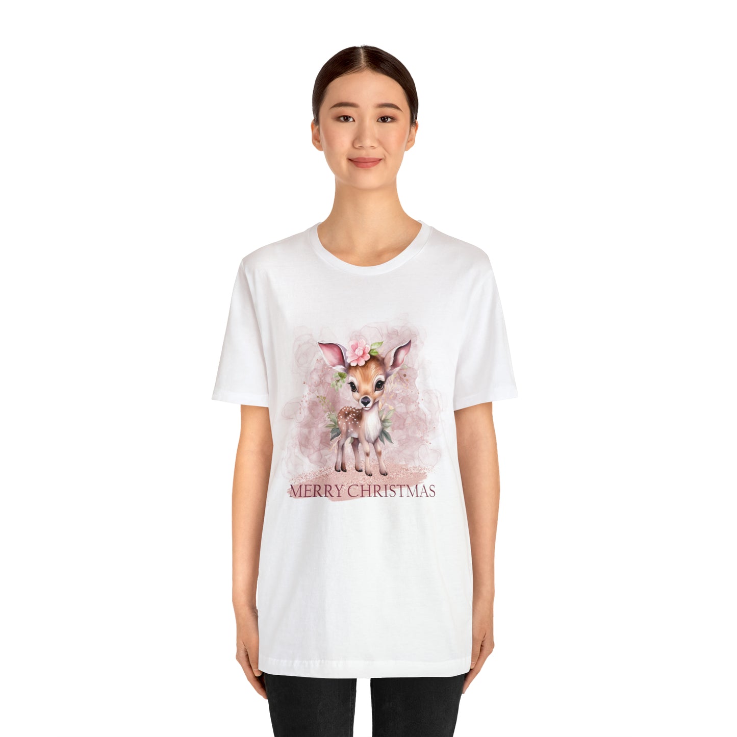 Unisex Adults Jersey Short Sleeve Tee Pink Christmas, Deer, Christmas TShirt