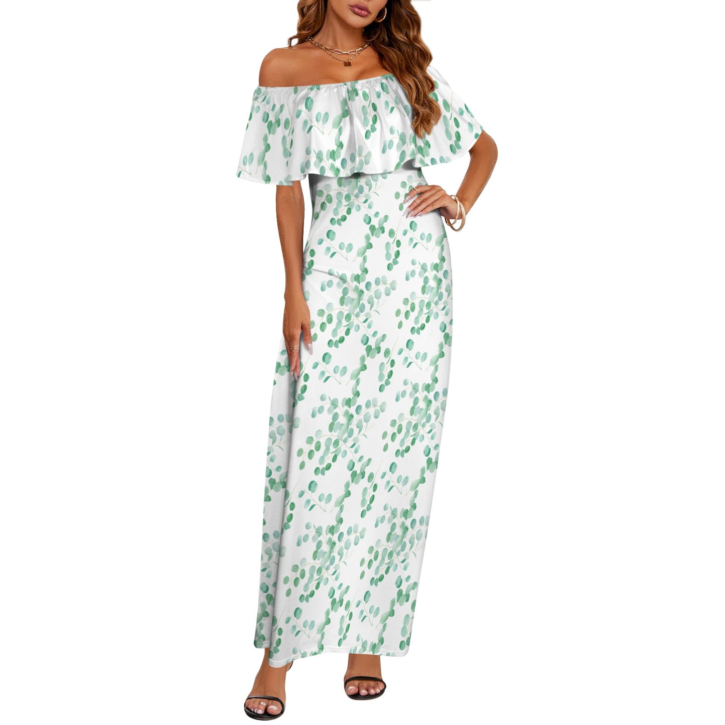 Australian Eucalyptus Leaves Large Print Women's Off Shoulder Ruffle Boat Neck Dress (Model D71)