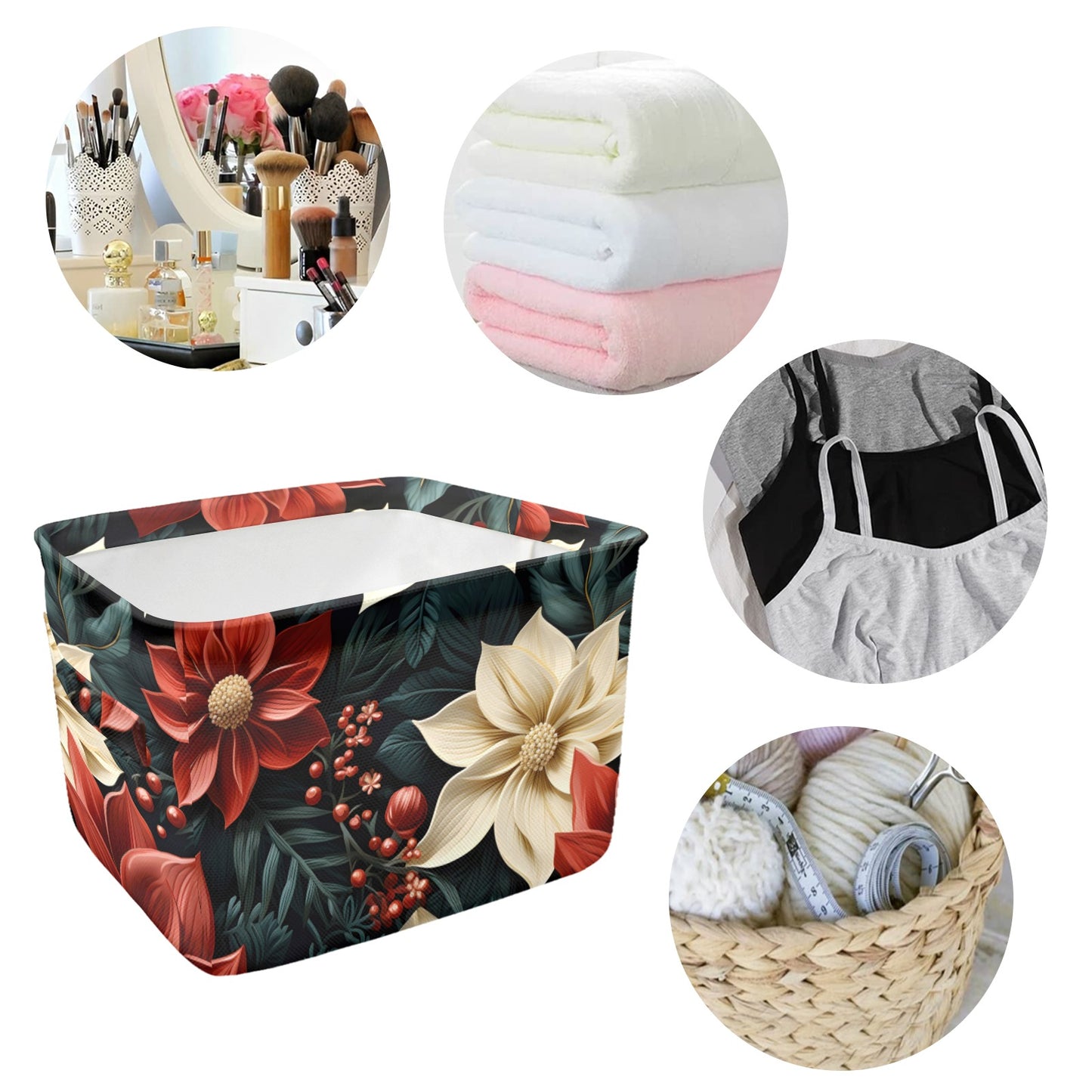 Red Poinsettia Fabric Storage Basket