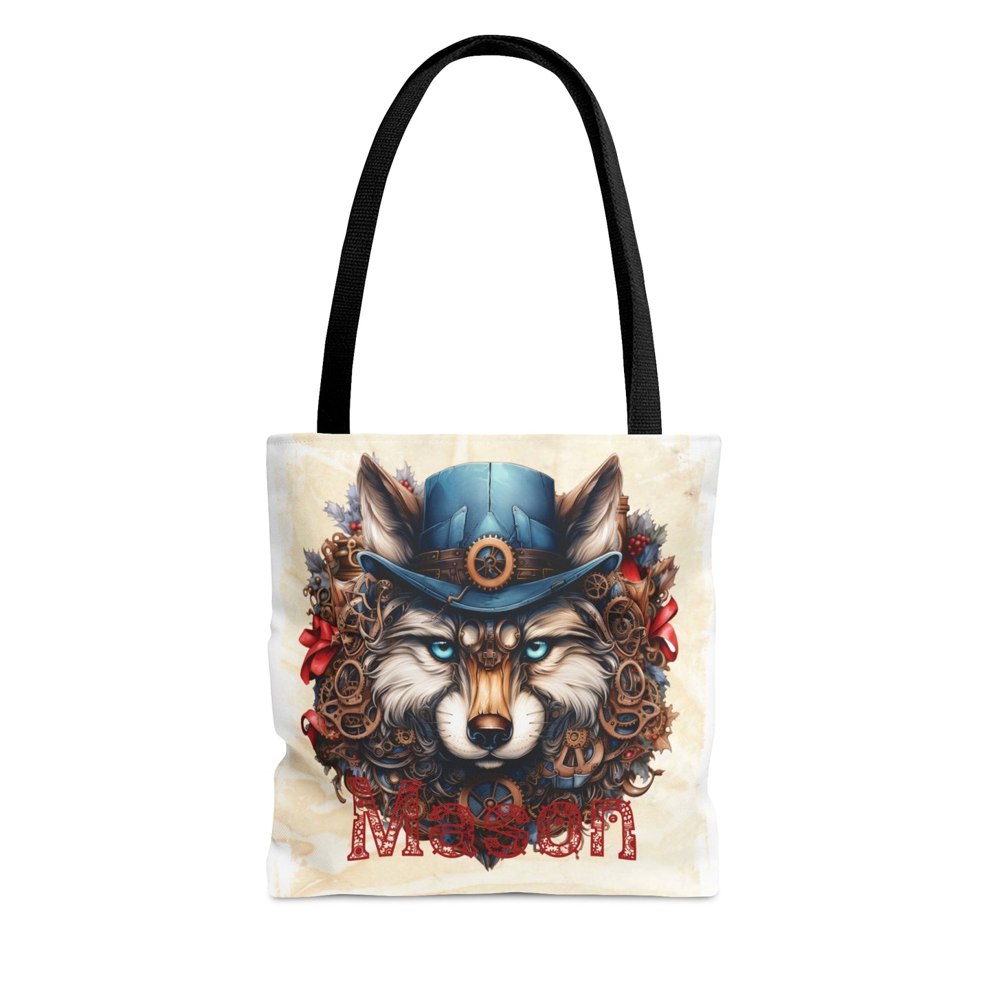 Steampunk Wolf wreath Personalised Tote Bag, Steampunk Christmas bag, Christmas Tote Bag, Personalised/Non-Personalised