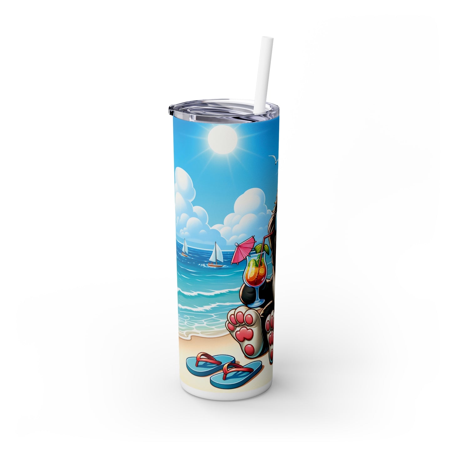 Skinny Tumbler with Straw, 20oz, Dog on Beach, Newfoundland, awd-1227