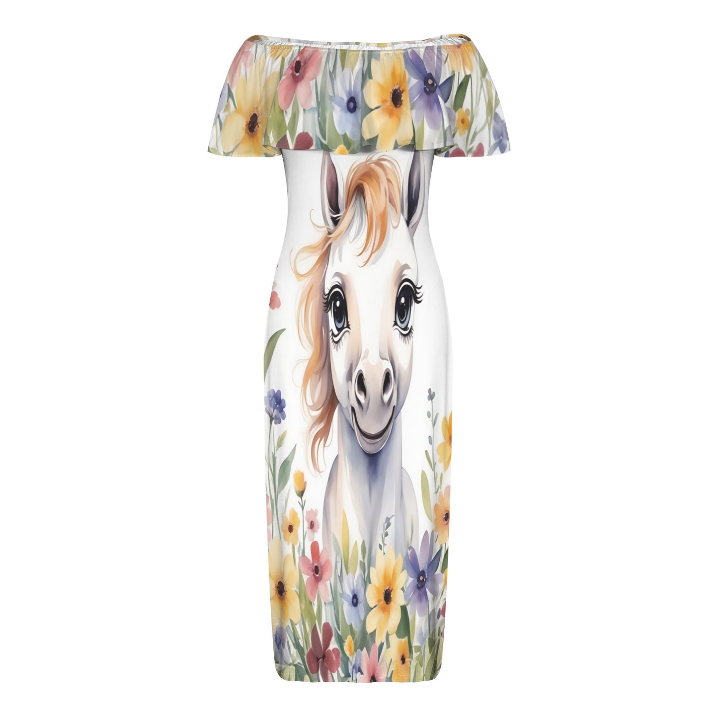 Horse awd304 Women's Off Shoulder Ruffle Boat Neck Dress (Model D71)