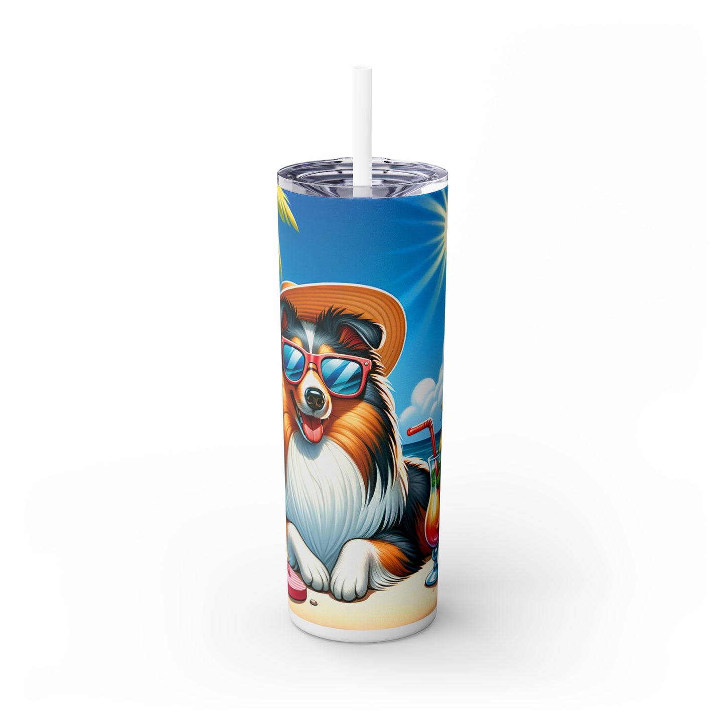 Skinny Tumbler with Straw, 20oz, Dog on Beach, Sheltie, awd-1243