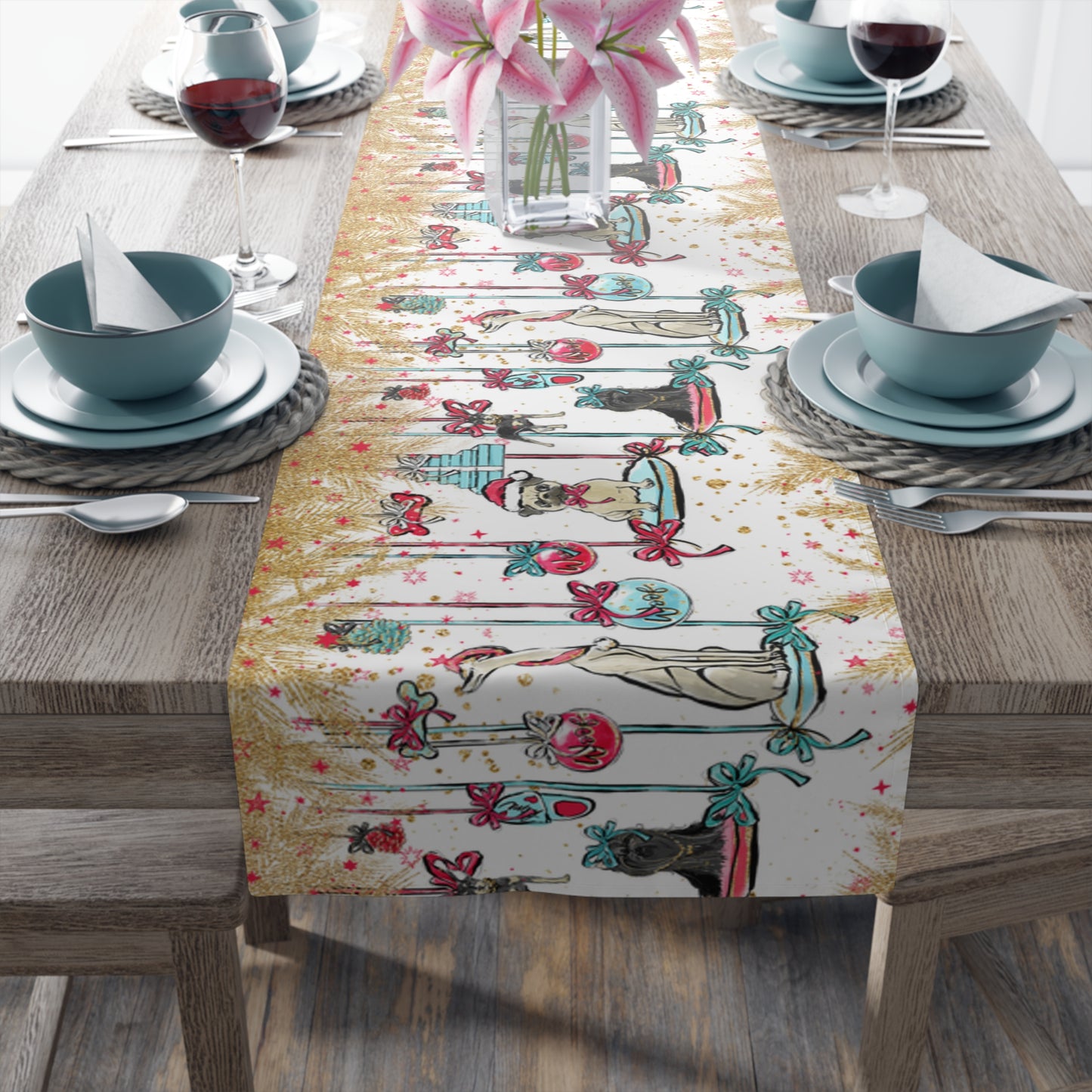 Doggie Christmas Table Runner, Cotton Twill and Poly Available