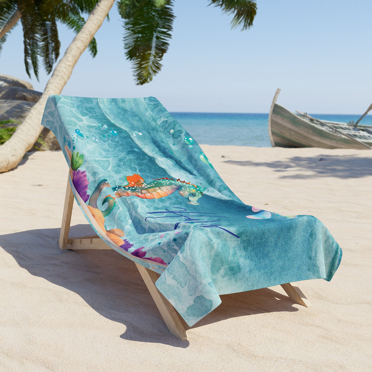 Personalised Beach Towel, Seahorse, Polycotton Towel, 2 sizes Available