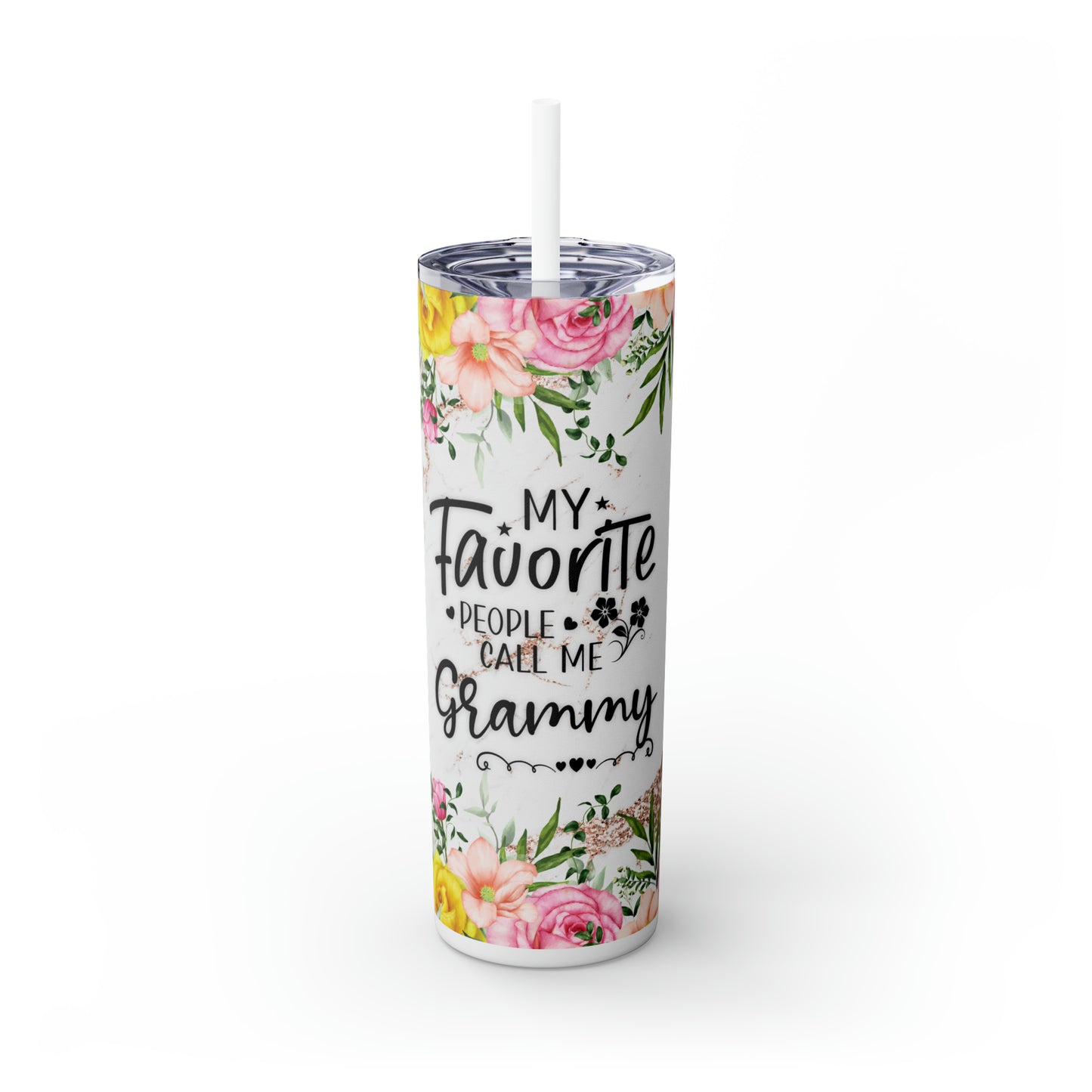 Skinny Tumbler with Straw, 20oz, Floral, Quote, My Favorite People call me Grammy, awd-727