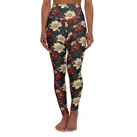 High Waisted Yoga Leggings, White Poinsettia