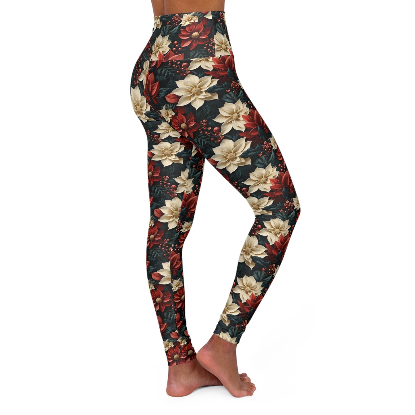 High Waisted Yoga Leggings, White Poinsettia